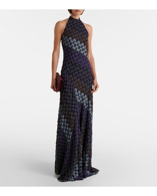Missoni Blue Halterneck Knitted Lame Gown