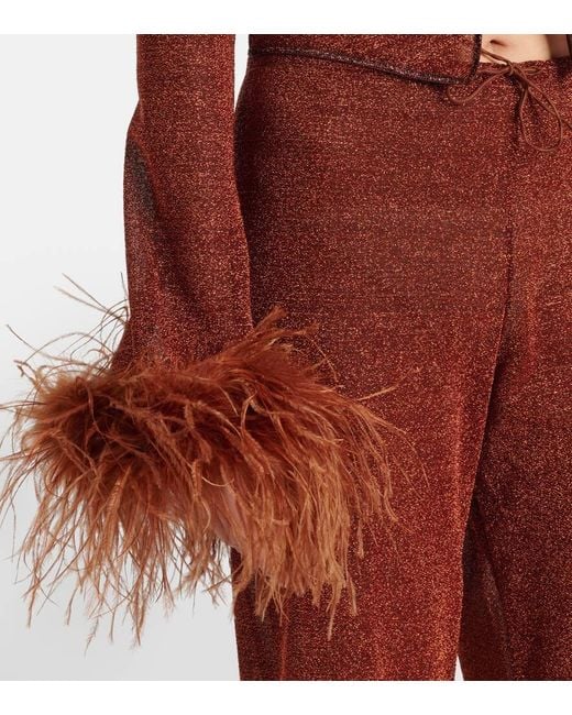 Oseree Brown Lumiere Plumage Feather-Trimmed Blouse