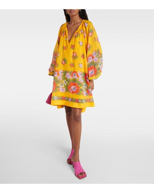 ALÉMAIS Yellow Balloon-Sleeve Floral Minidress
