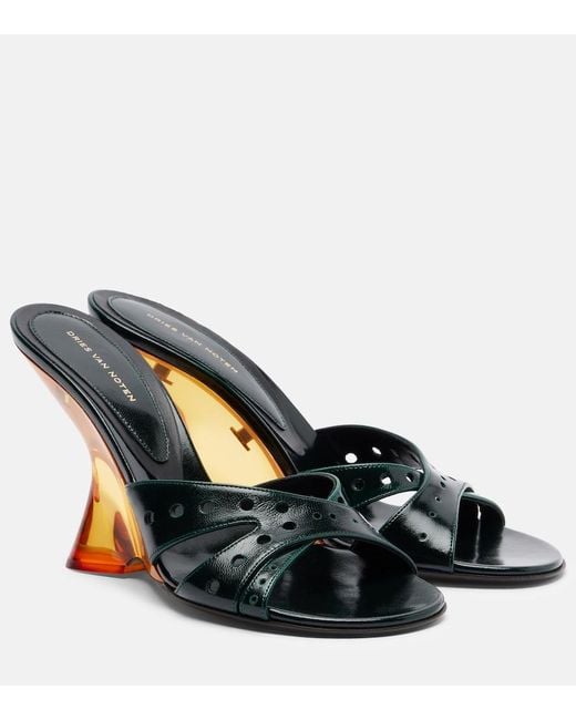 Dries Van Noten Green Patent Leather Wedge Mules