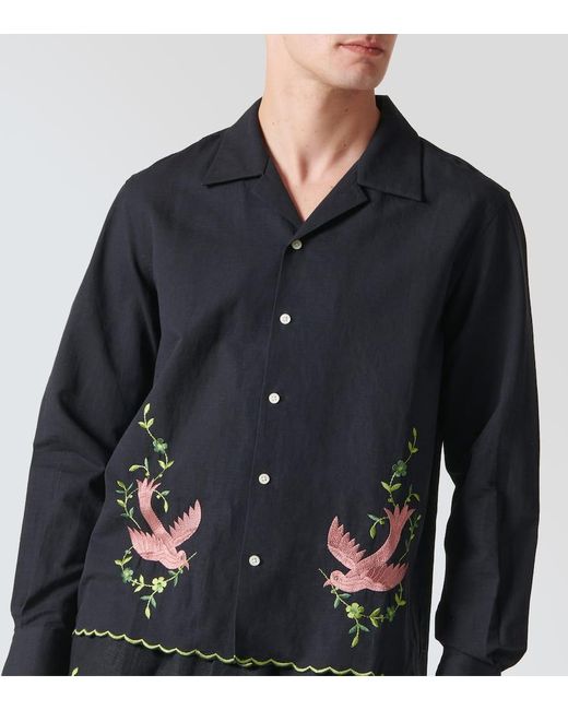 Camicia Rosefinch in lino con ricamo di Bode in Blue da Uomo