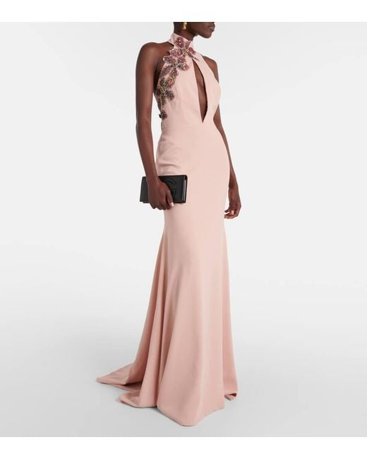 Costarellos Pink Beaded Floral-Applique Gown