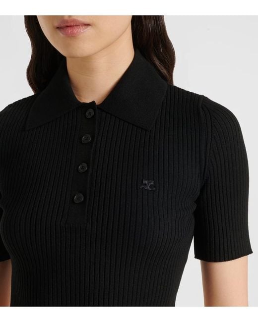 Courreges Black Ribbed-Knit Cropped Polo Shirt
