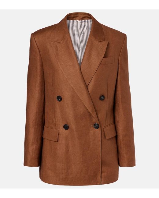 Brunello Cucinelli Brown Double-Breasted Linen Blazer