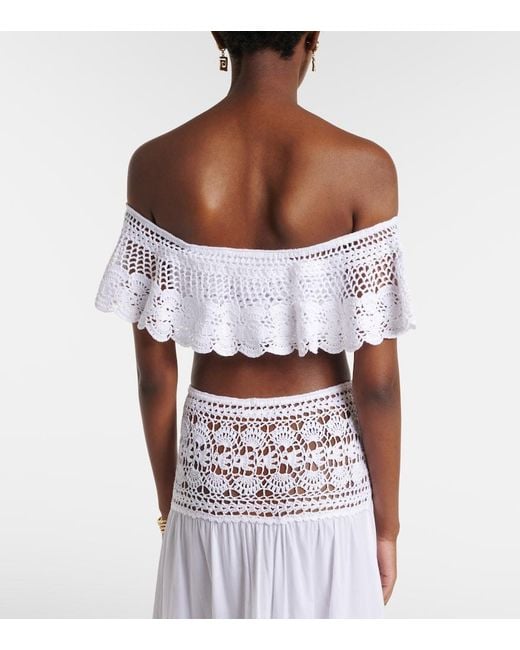 Anna Kosturova White Crochet Off-Shoulder Cotton Crop Top