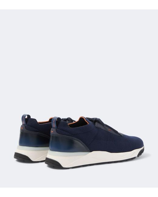 Santoni Blue Leather-Trimmed Knitted Sneakers for men