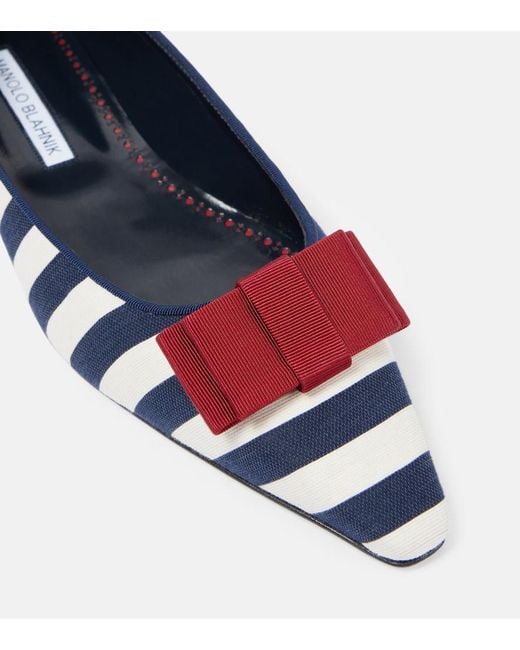 Manolo Blahnik Blue Reador Bow-Detail Striped Ballet Flats