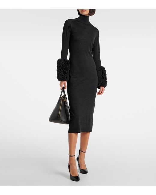 Alaïa Black Faux Shearling-Trimmed Wool Dress