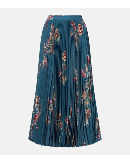 Etro Blue Plisse High-Rise Floral Midi Skirt