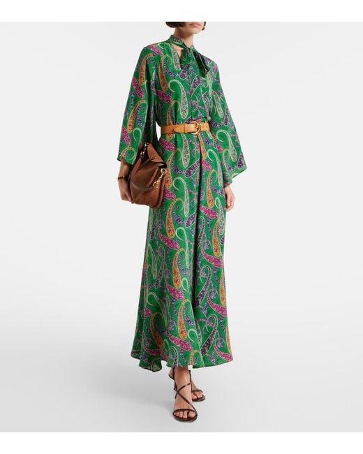 Etro Green Paisley Tie-Neck Silk Maxi Dress