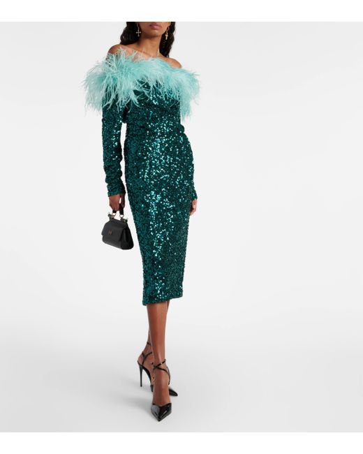 Dolce & Gabbana Green Feather-trimmed Sequined Midi Dress