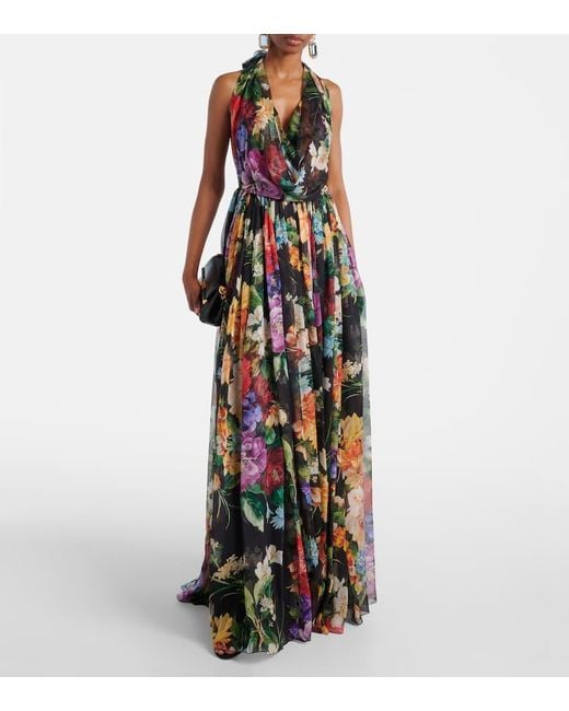 Dolce & Gabbana White Langes Kleid Aus Chiffon Mit Blumenbouquet-Print