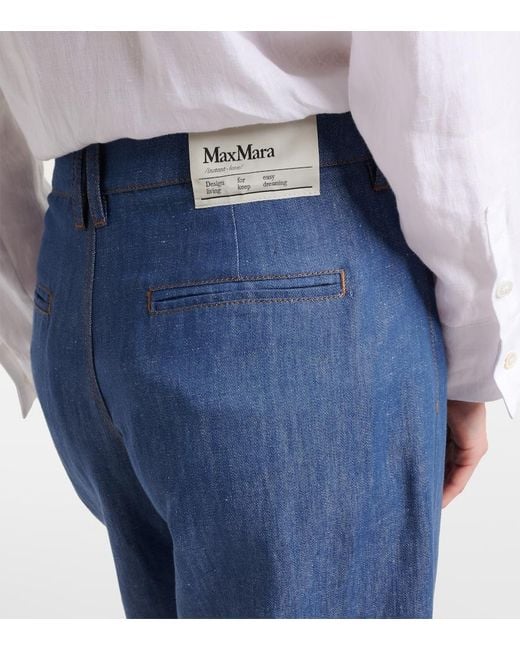 Max Mara Blue Dante Cotton And Linen Twill Wide-Leg Pants