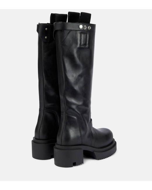 Rick Owens Black Pull On Leather Knee Hi Boots