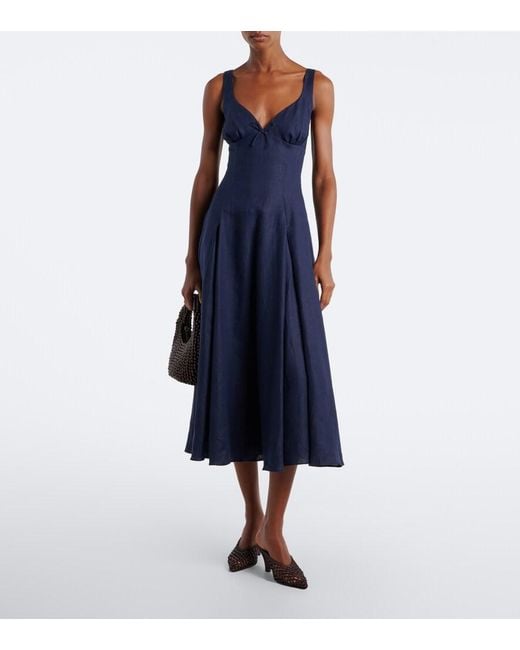 Faithfull The Brand Blue Adalee Pleated Shirred Linen Midi Dress