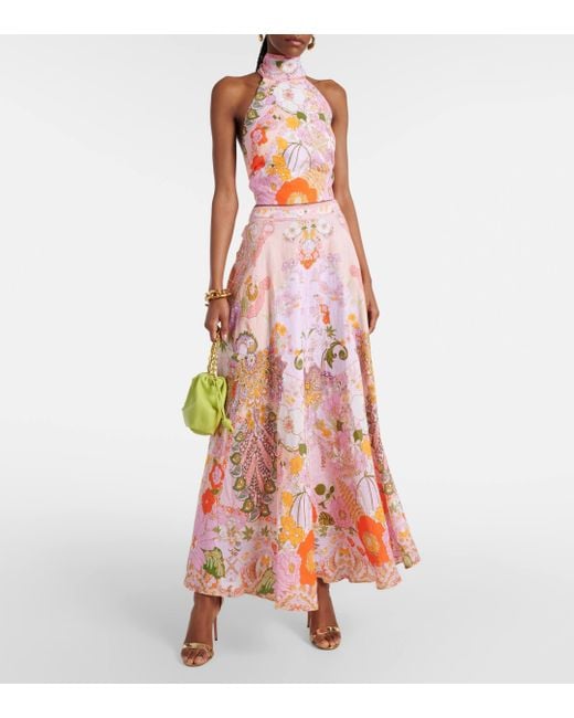 Camilla Multicolor Embellished Floral Linen Maxi Skirt