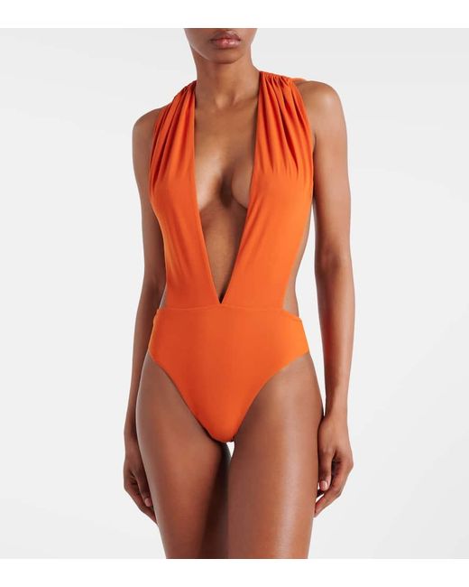 Saint Laurent Orange Rückenfreier neckholder-badeanzug mit v-auchnitt