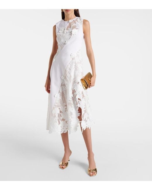 Oscar de la Renta Natural Lace-Trimmed Wool-Blend Midi Dress