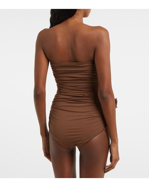 Magda Butrym Brown Floral-Applique Ruched Swimsuit