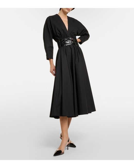 Alaïa Black Leather-Trimmed Cotton Midi Dress