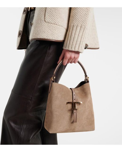 Tod's Brown T Timeless Suede Tote Bag