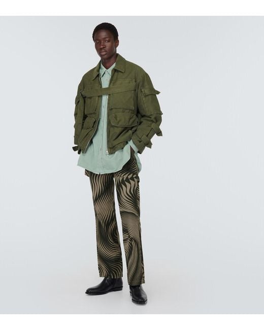 Dries Van Noten Green Cotton And Linen Wide-Leg Pants for men