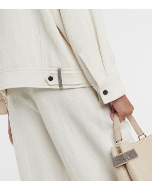 Brunello Cucinelli White Cotton And Linen Biker Jacket