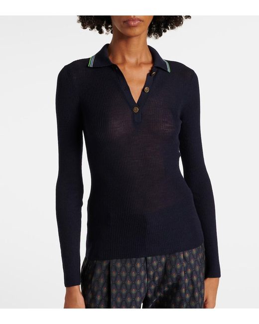 Etro Blue Printed Wool And Cotton Polo Sweater