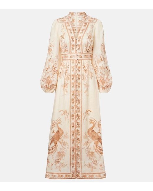 Zimmermann Natural Indra Floral Linen Midi Dress