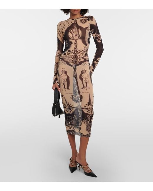 Jean Paul Gaultier Natural Tattoo Print Long Sleeve Midi Dress