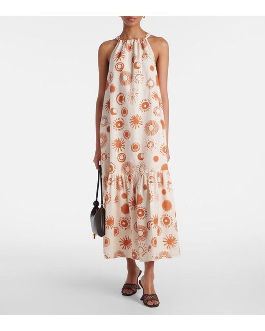 Asceno White Ibiza Printed Linen And Cotton Maxi Dress