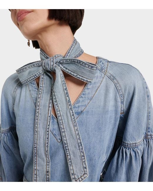 Zimmermann Blue Tie-Neck Puff-Sleeve Denim Minidress