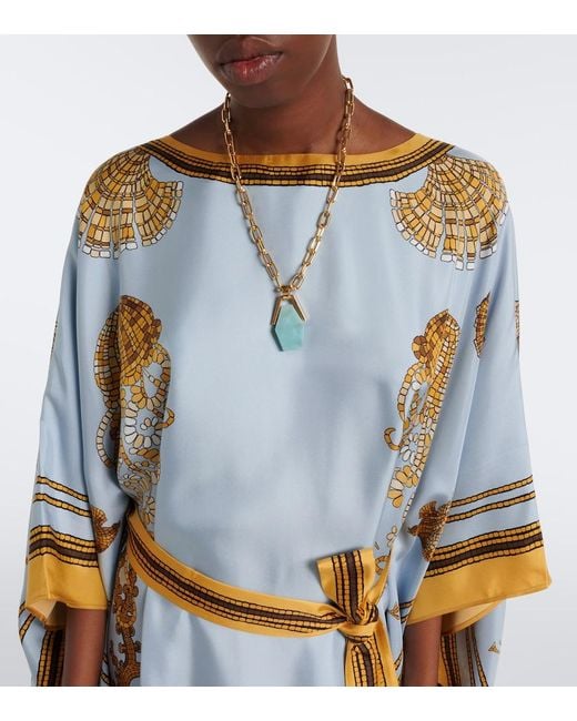 LaDoubleJ Blue Square Printed Silk Twill Kaftan