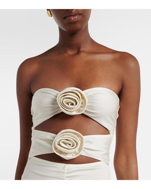 Adriana Degreas White Cutout Floral-Applique Ruched Maxi Dress