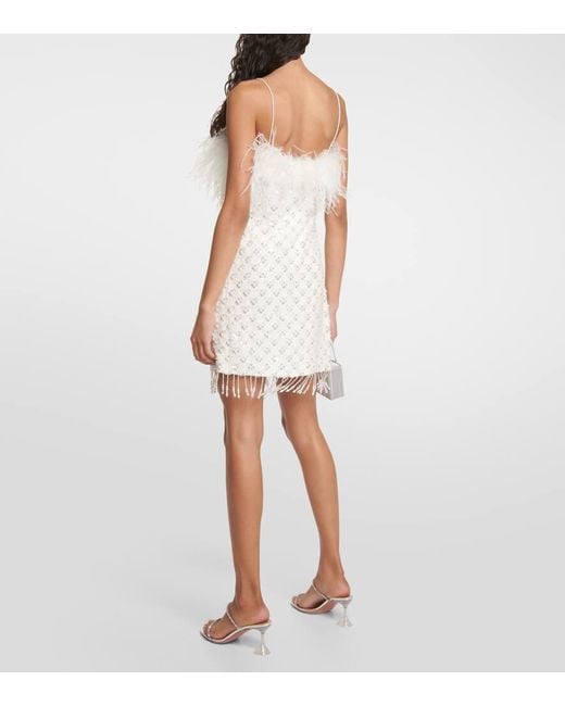 Rebecca Vallance White Feather-trimmed Embellished Minidress