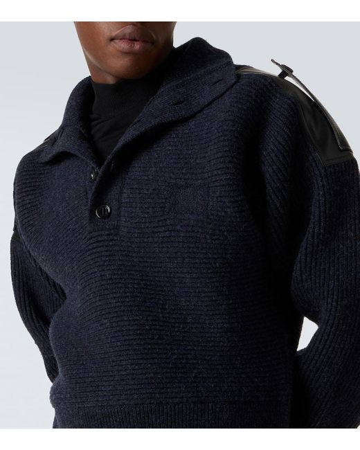 Burberry Blue Leather-Trimmed Wool-Blend Polo Sweater for men