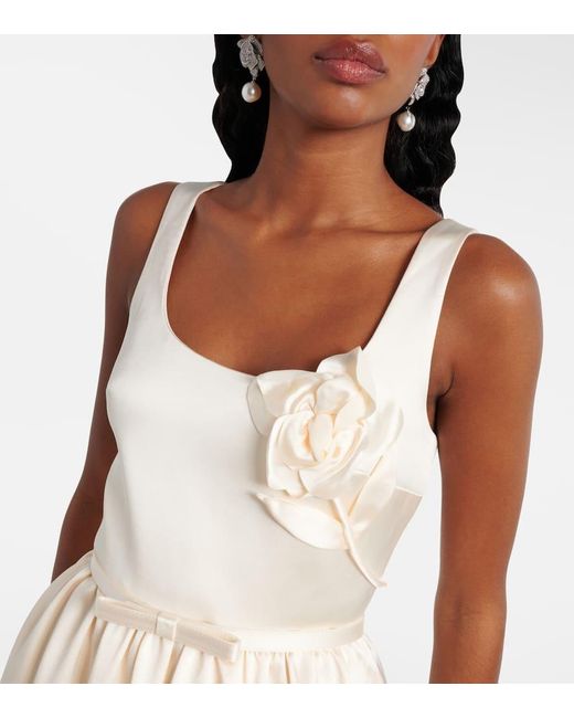 Self-Portrait White Bridal Floral-Applique Satin Midi Dress