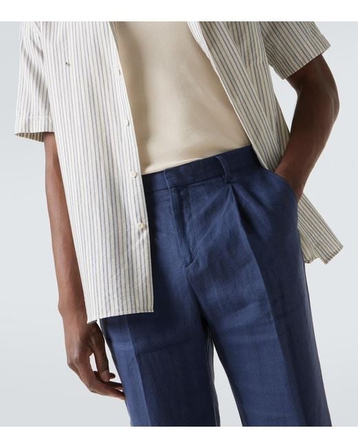 Sunspel Blue Pleated Linen Straight Pants for men