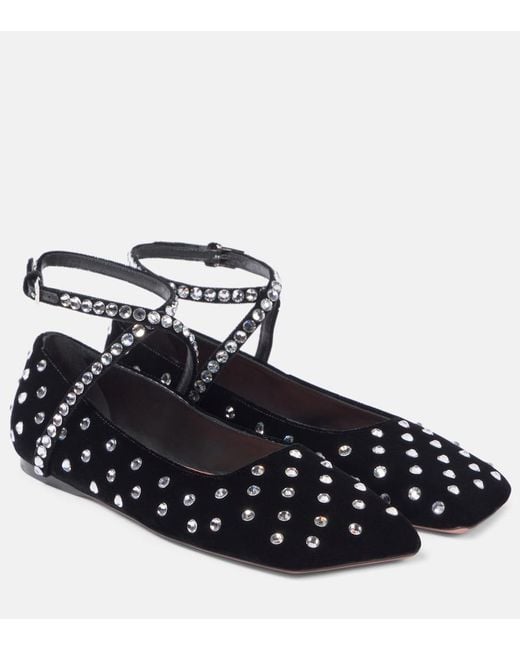 AMINA MUADDI Black Ane Crystal Lace-Up Velvet Ballet Flats