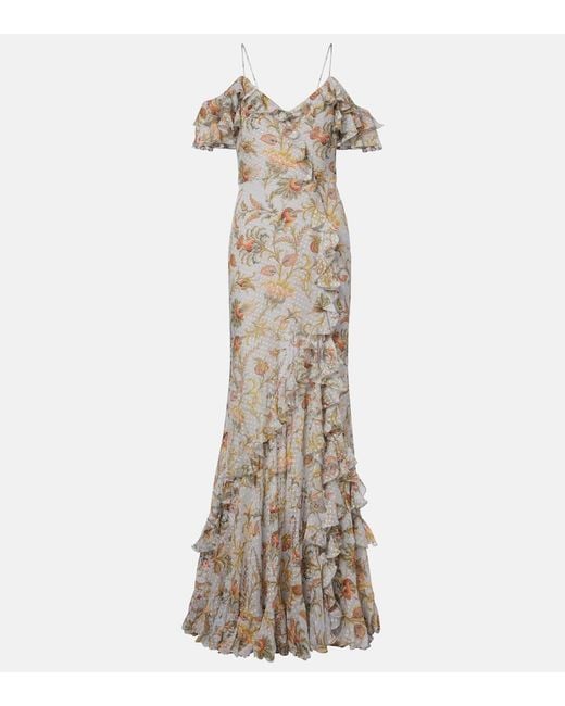Etro Natural Floral Polka-Dot Ruffled Silk-Blend Maxi Dress