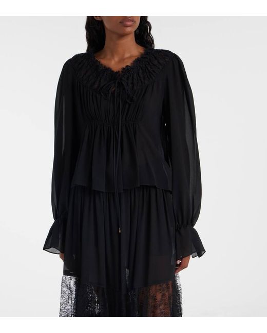 Chloé Black Gathered Lace-Trimmed Silk Georgette Blouse