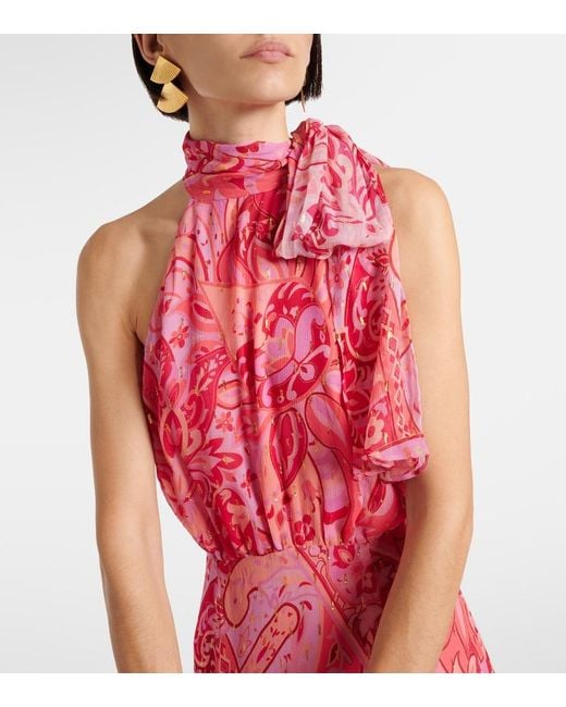 Rixo Red Neena Silk Chiffon Lame Gown