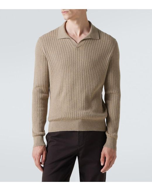 Loro Piana Natural Ribbed-Knit Cashmere Polo Sweater for men