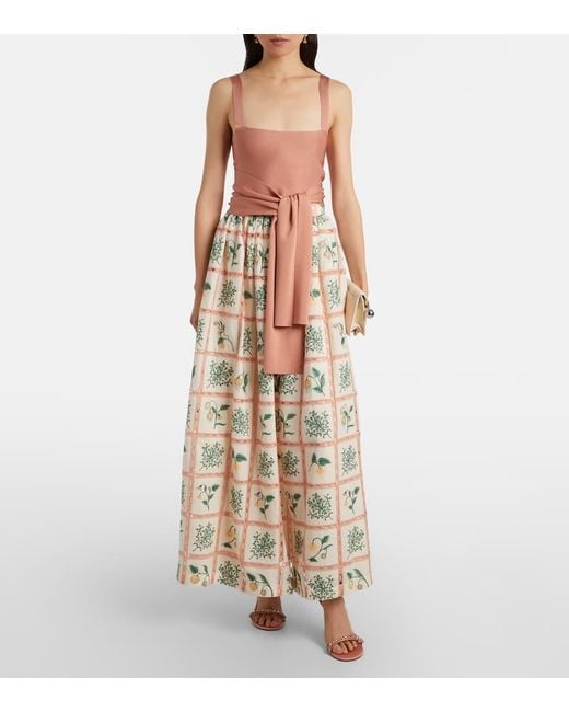 Agua Bendita Metallic Tangelo Floral Cotton Maxi Skirt