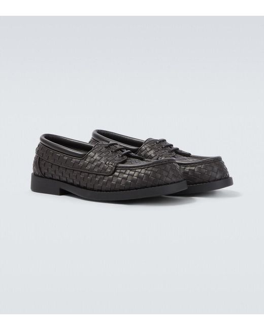 Bottega Veneta Black Pier Intrecciato Leather Boat Shoes for men