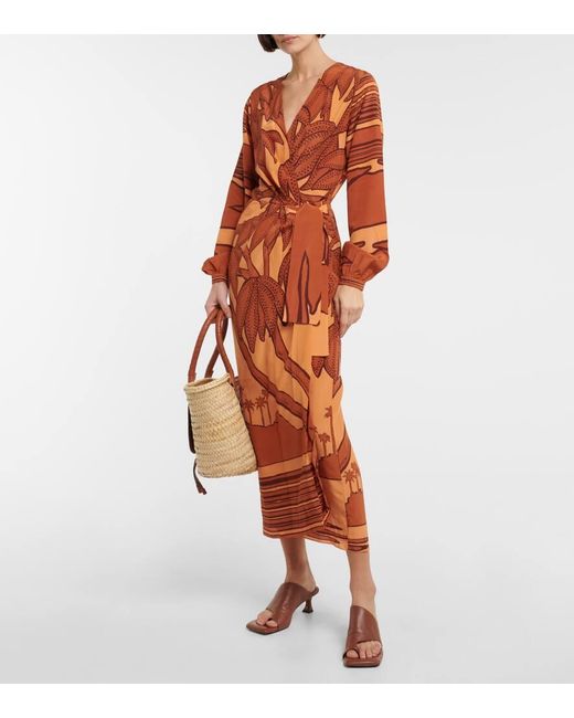 Johanna Ortiz Orange Sociedades Antiguas Printed Silk Crepe De Chine Midi Wrap Dress