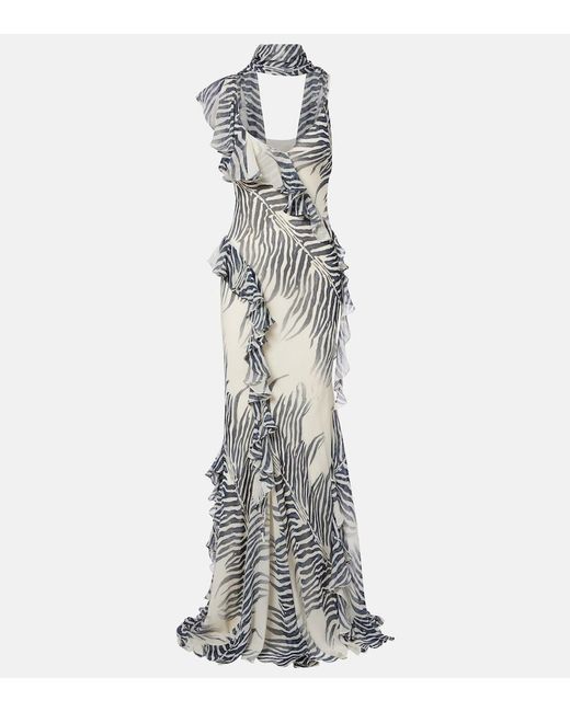 De La Vali White Mayara Zebra-Print Georgette Maxi Dress