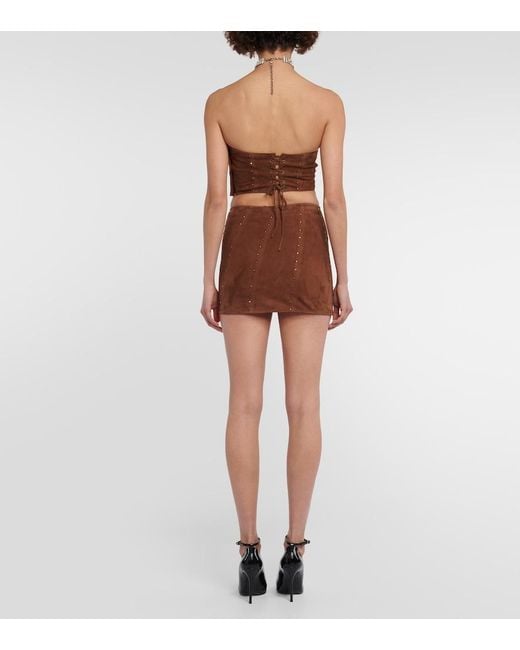 Alessandra Rich Brown Asymmetrical Strapless Suede Top