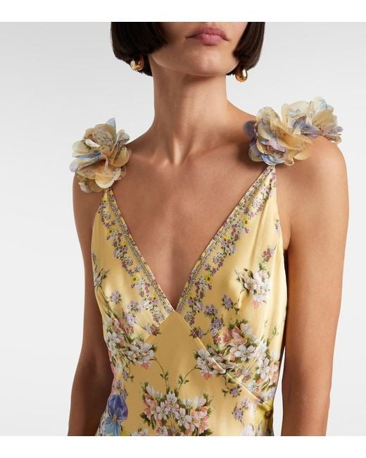 Camilla Metallic Embellished Floral Ruffled Silk Satin Maxi Dress