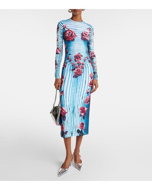 Jean Paul Gaultier Blue Flower-Print Slim-Fit Stretch-Woven Maxi Dress